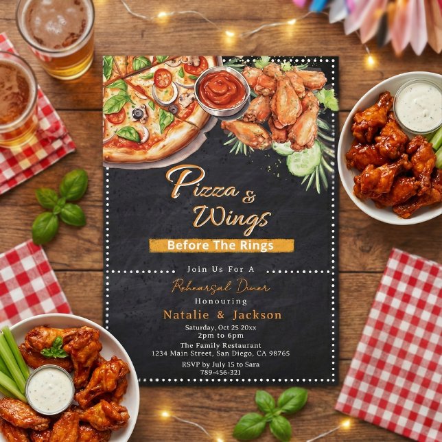 Rustic Pizza & Wings Before The Rings Rehearsal Invitation (Rustic Pizza & Wings Before The Rings Rehearsal Invitation)