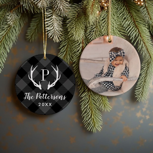Rustic Plaid Antler Monogram Custom Photo Ceramic Tree Decoration (Creator Uploaded)