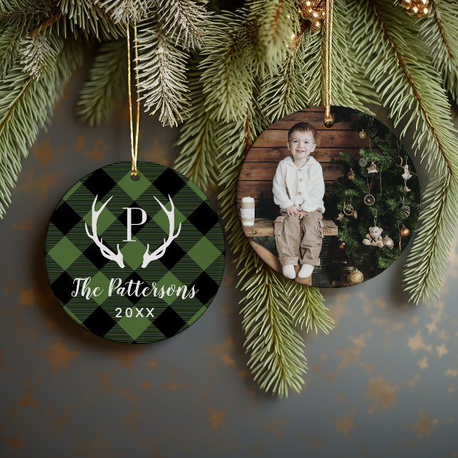 Rustic Plaid Antler Monogram Custom Photo Ceramic Tree Decoration (Creator Uploaded)
