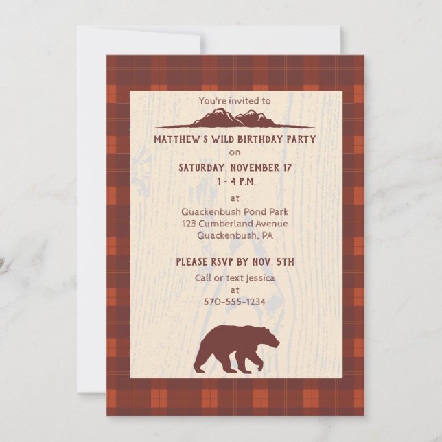 Rustic Plaid Bear and Mountain Birthday Party Invitation (Front)
