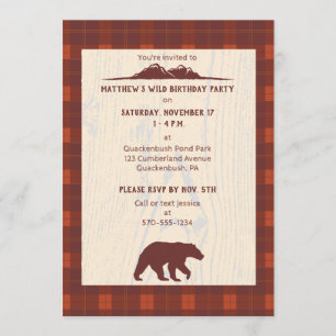 Rustic Plaid Bear and Mountain Birthday Party Invitation