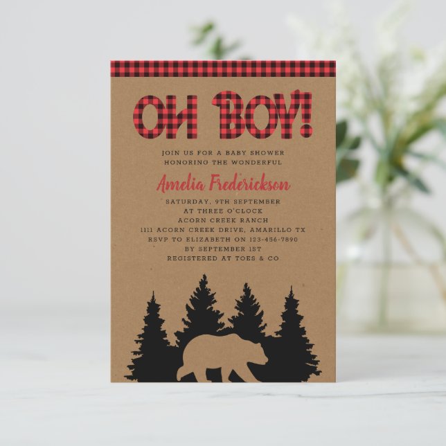 Rustic Plaid Bear Oh Boy Baby Shower Invitation (Standing Front)