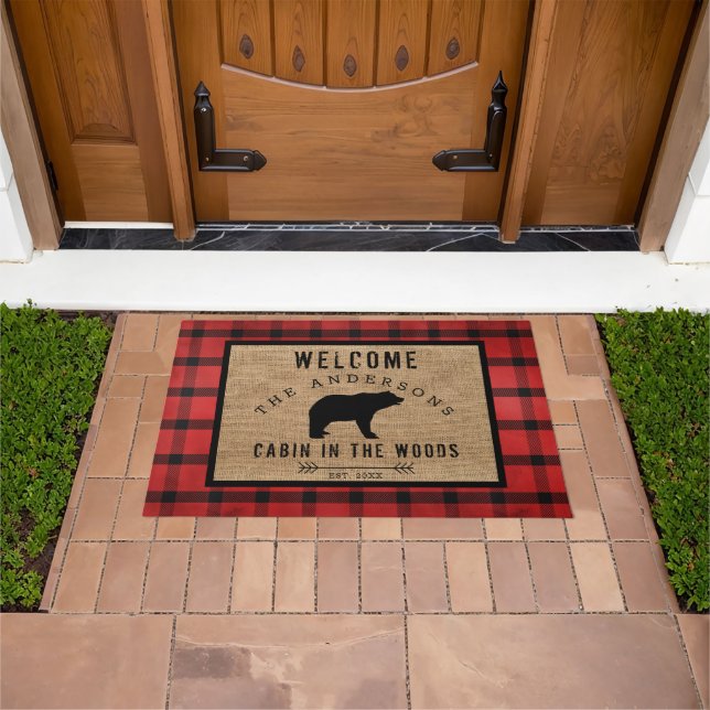 Rustic Plaid Bear Welcome Cabin in the Woods Doormat (Outdoor)