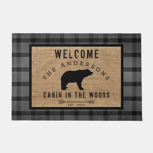Rustic Plaid Bear Welcome Cabin in the Woods Doormat (Front)