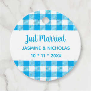 Rustic Plaid Blue Gingham Just Married Wedding Favour Tags