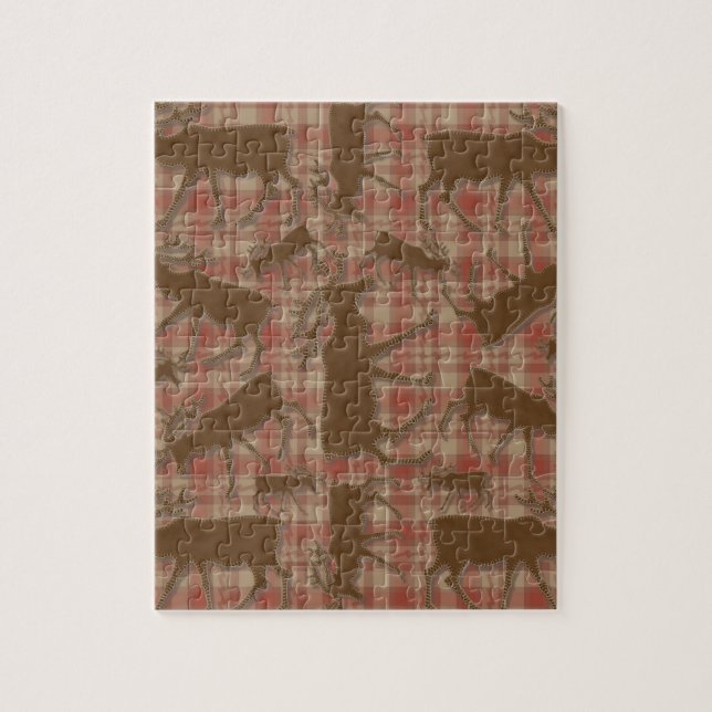 Rustic plaid brown moose jigsaw puzzle (Vertical)