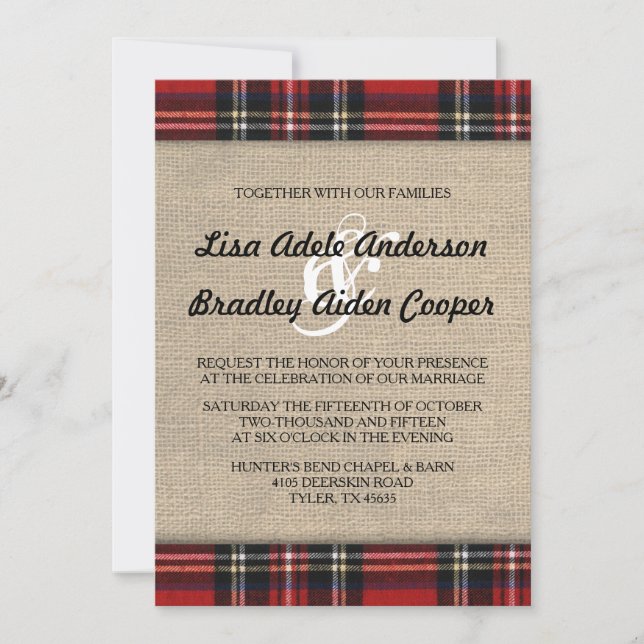 Rustic Plaid Burlap Country Wedding Invitation (Front)
