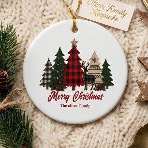 Rustic Plaid Christmas Family Trees Reindeer Ceramic Tree Decoration