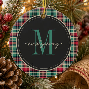 Rustic Plaid Christmas Red Green Monogram Ceramic Tree Decoration