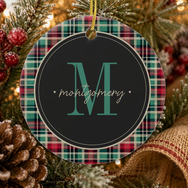 Rustic Plaid Christmas Red Green Monogram Ceramic Tree Decoration (Rustic Plaid Christmas Red Green Monogram Ceramic Ornament)