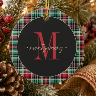 Rustic Plaid Christmas Red Green Monogram Ceramic Tree Decoration