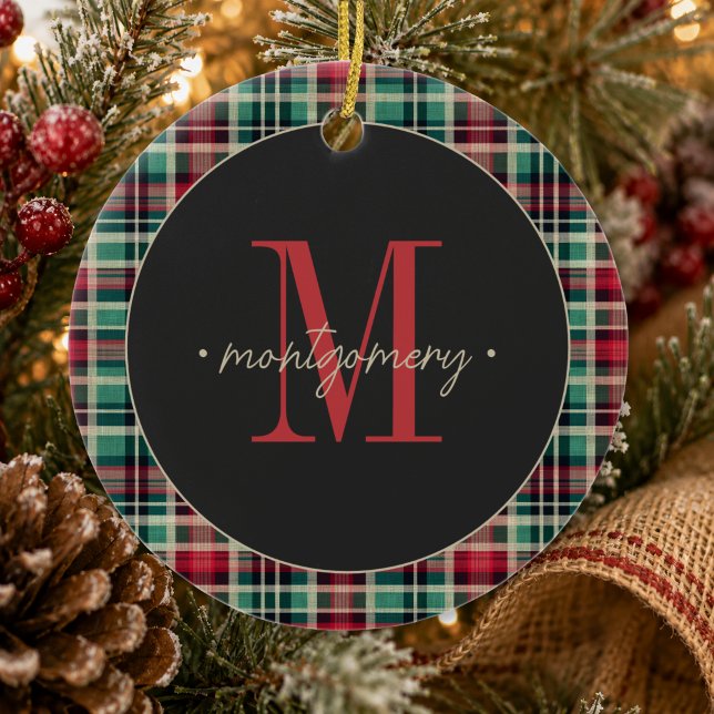 Rustic Plaid Christmas Red Green Monogram Ceramic Tree Decoration (Rustic Plaid Christmas Red Green Monogram Ceramic Ornament)