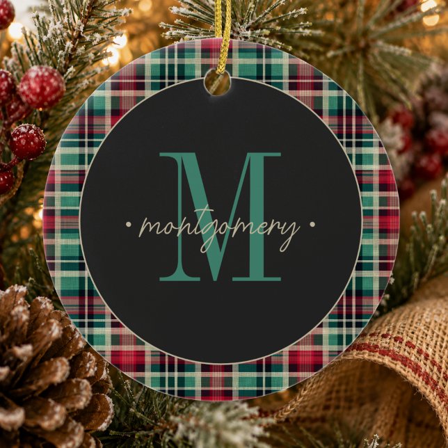 Rustic Plaid Christmas Red Green Monogram Ceramic Tree Decoration (Rustic Plaid Christmas Red Green Monogram Ceramic Ornament)
