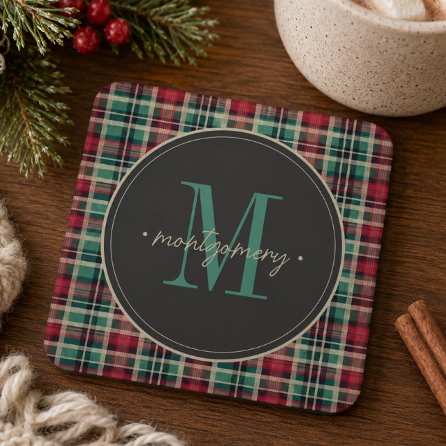 Rustic Plaid Christmas Red Green Monogram Coaster (Creator Uploaded)