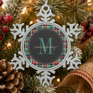 Rustic Plaid Christmas Red Green Monogram Snowflake Pewter Christmas Ornament