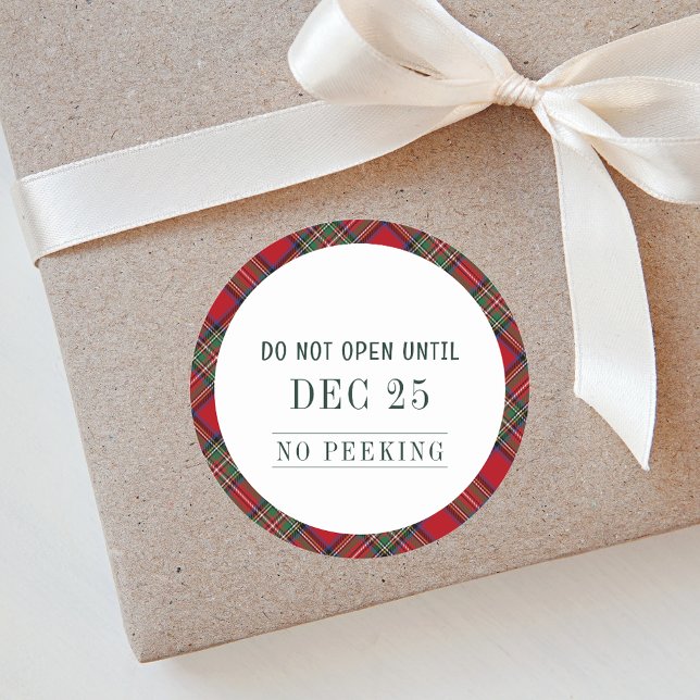 Rustic Plaid Christmas Red Green Stewart Tartan Classic Round Sticker (Rustic Plaid Do Not Open Stewart Tartan Round Sticker)