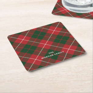 Rustic Plaid Classic Red Green Tartan Square Paper Coaster