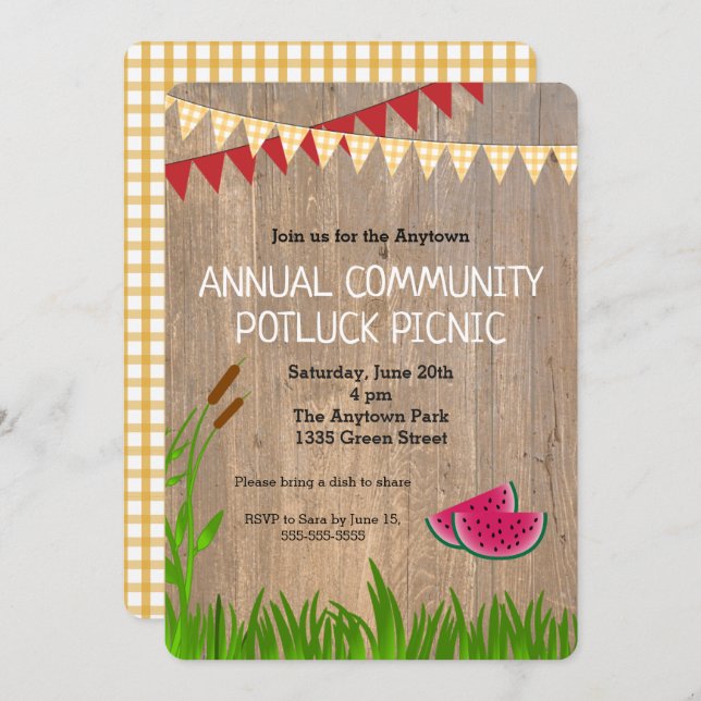 Rustic Plaid Community Potluck Picnic Invitation (Front/Back)