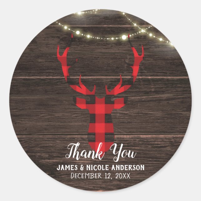 Rustic Plaid Deer Antlers Wood & Lights Favour Classic Round Sticker (Front)