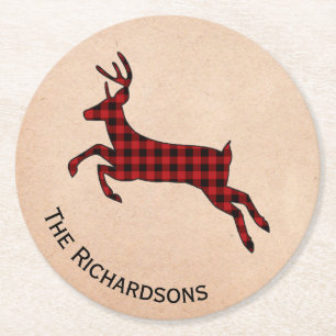 Rustic Plaid Deer Personalised Paper Coasters