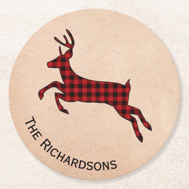 Rustic Plaid Deer Personalised Paper Coasters (Front)