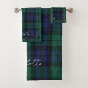 Rustic Plaid Elegant Script Green Tartan Custom Bath Towel Set