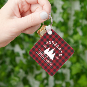 Rustic Plaid Family Name Cabin Square Key Ring