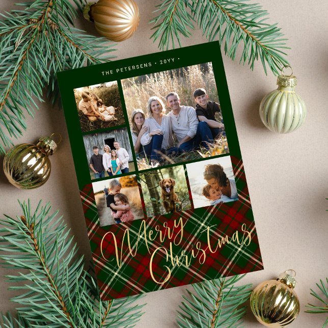 Rustic plaid family photo collage Merry Christmas  Holiday Card (Creator Uploaded)