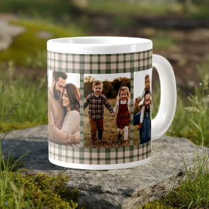 Rustic Plaid Family Photo Green 5 Vertical Picture Large Coffee Mug