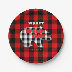 Rustic Plaid First Birthday Party Wild One Bear Paper Plate