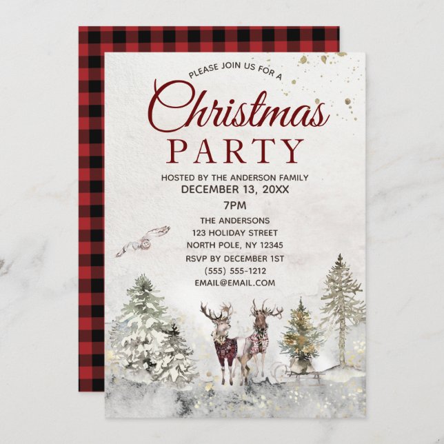 Rustic Plaid Forest Deer Owl Christmas Party Invitation (Front/Back)