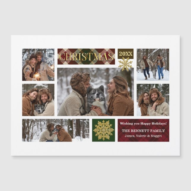 Rustic Plaid & Gold Snowflakes Multi-Photo (Front)