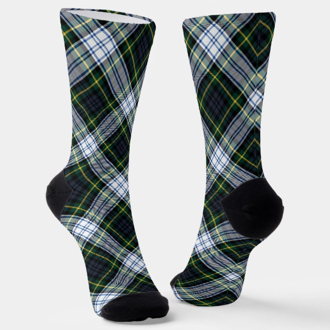 Rustic Plaid Gordon Tartan Green White Pattern Socks (Angled)