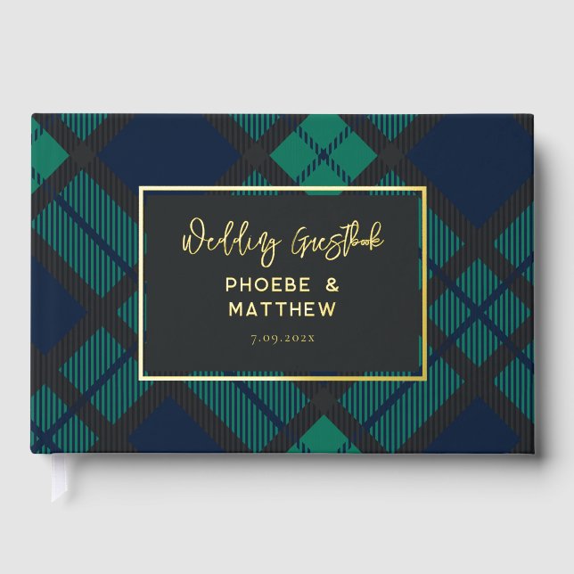 Rustic Plaid Green Black Tartan Gold Foil Wedding Guest Book (Front)