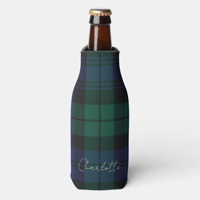 Rustic Plaid Green Tartan Custom Bottle Cooler (Bottle Front)