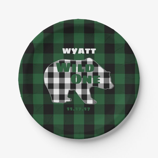 Rustic Plaid Green Wild One Birthday Party Bear Paper Plate (Front)