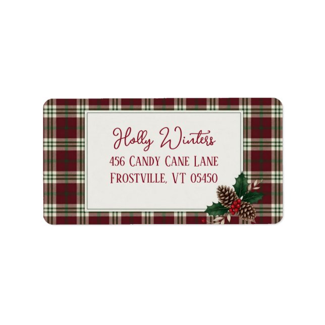 Rustic Plaid Holly & Pinecone Christmas Address  Label (Front)