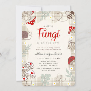 Rustic Plaid Little Fungi Mushroom Baby Shower Invitation