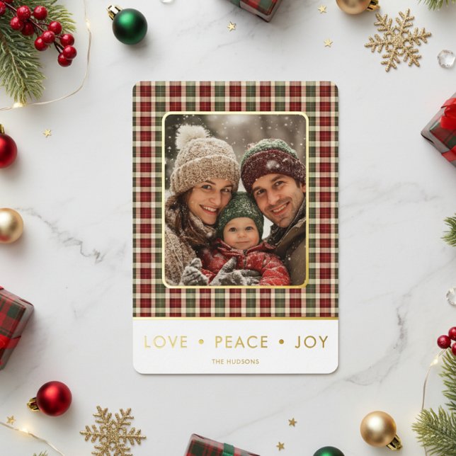 Rustic Plaid Love Peace Joy Photo Christmas (Creator Uploaded)