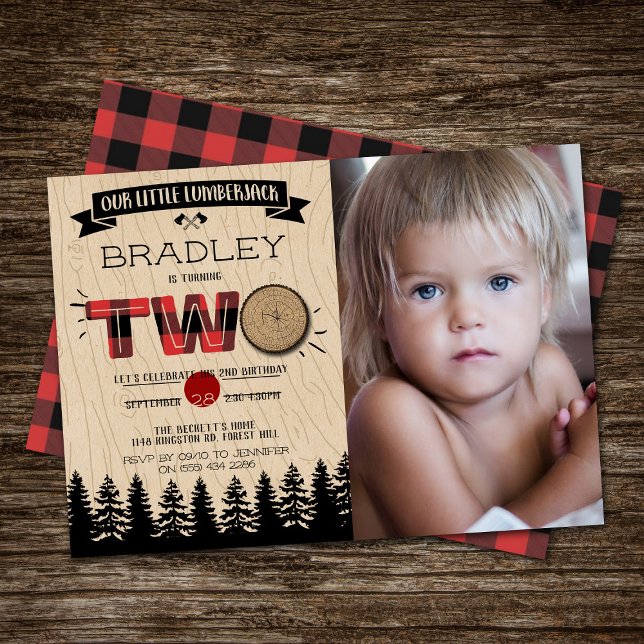 Rustic Plaid Lumberjack Boys 2nd Birthday Photo Invitation (Creator Uploaded)