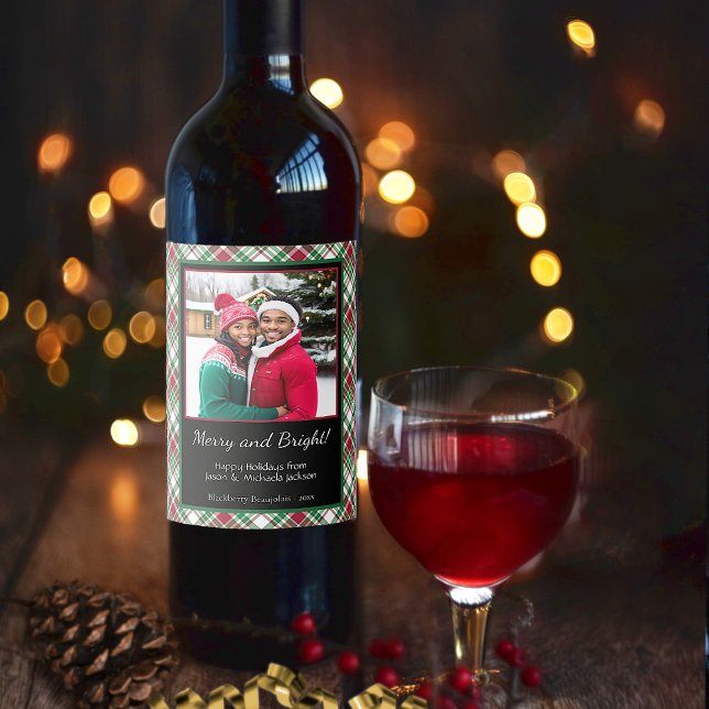Rustic Plaid Merry & Bright Holiday Photo Wine Label (In Situ with Glass & Decor)