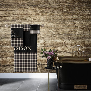 Rustic Plaid Monogram Bear   Black Cream White Bath Towel Set