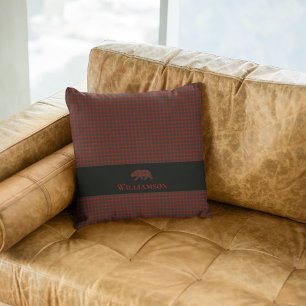 Rustic Plaid Monogram Bear Buffalo Red Black Cushion