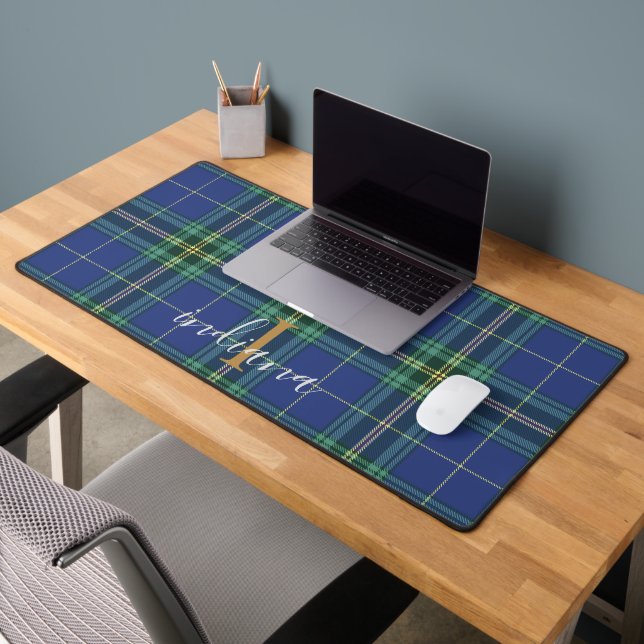 Rustic Plaid Monogram Blue Classic Tartan Desk Mat (Office 2)
