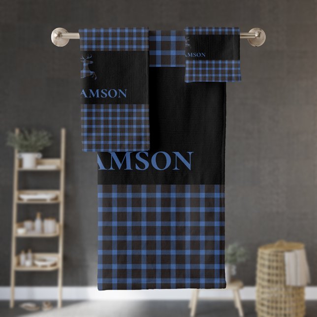 Rustic Plaid Monogram Deer | Black Blue Bath Towel Set (Creator Uploaded)