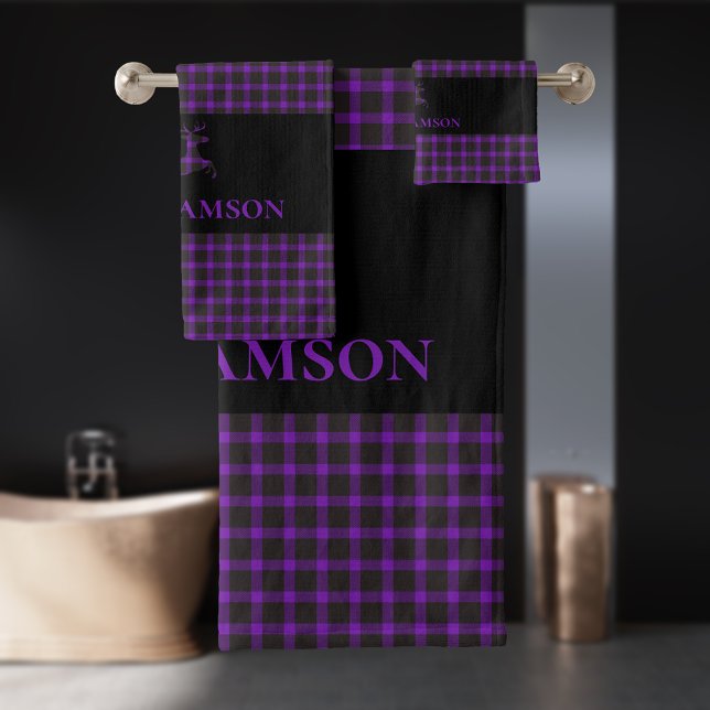Rustic Plaid Monogram Deer | Black Purple Bath Towel Set (Creator Uploaded)