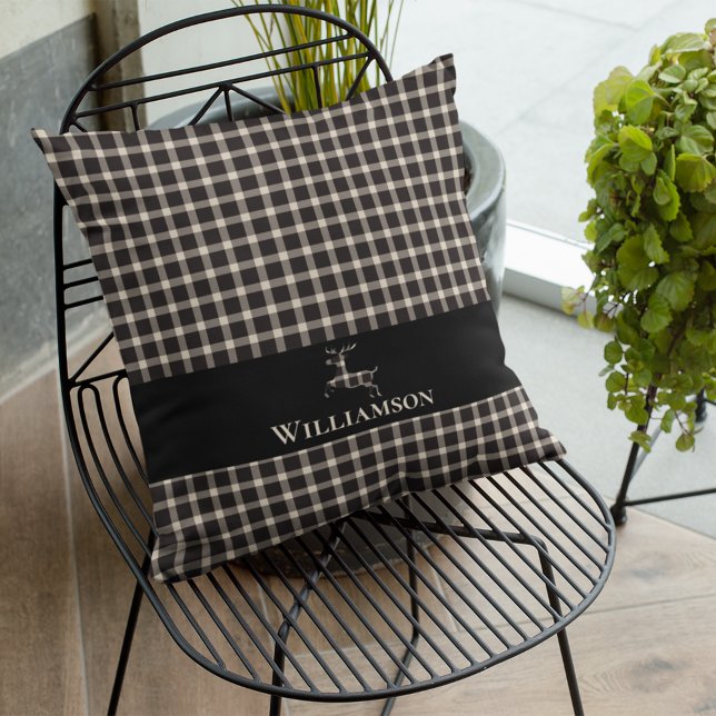 Rustic Plaid Monogram Deer | Cream White Black Cushion (Creator Uploaded)