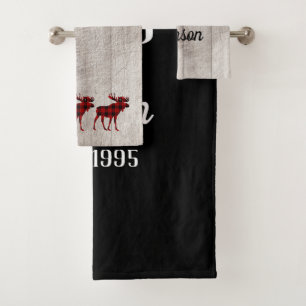 Rustic Plaid Moose And Wood Family Bath Towel Set