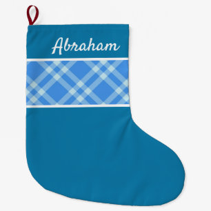 Rustic Plaid pattern sky blue custom name Large Christmas Stocking