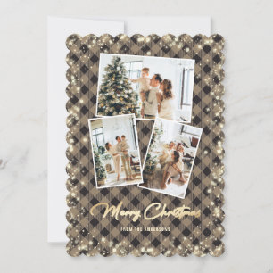 Rustic Plaid Photo Collage Merry Christmas Holiday Card
